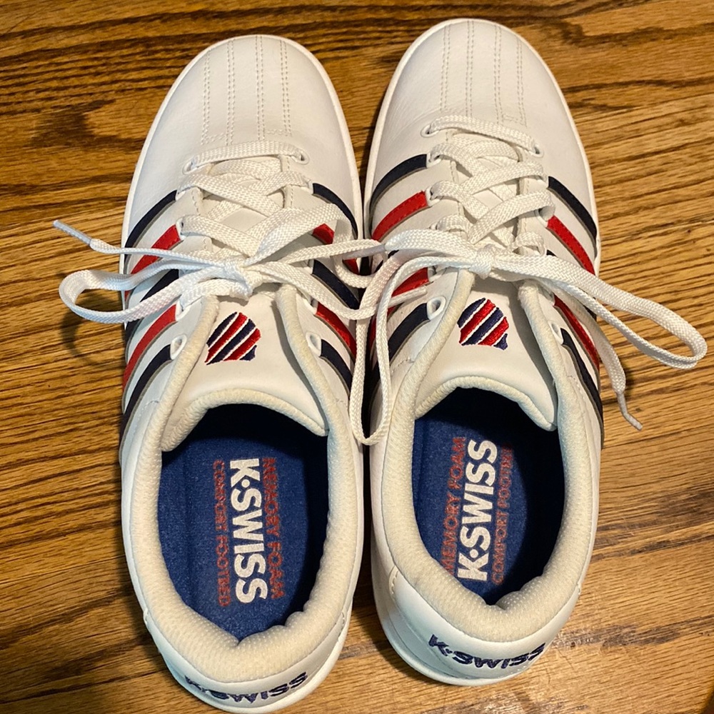 Women’s K-Swiss, blue and red stripes on white shoe, size 10. Never worn outside